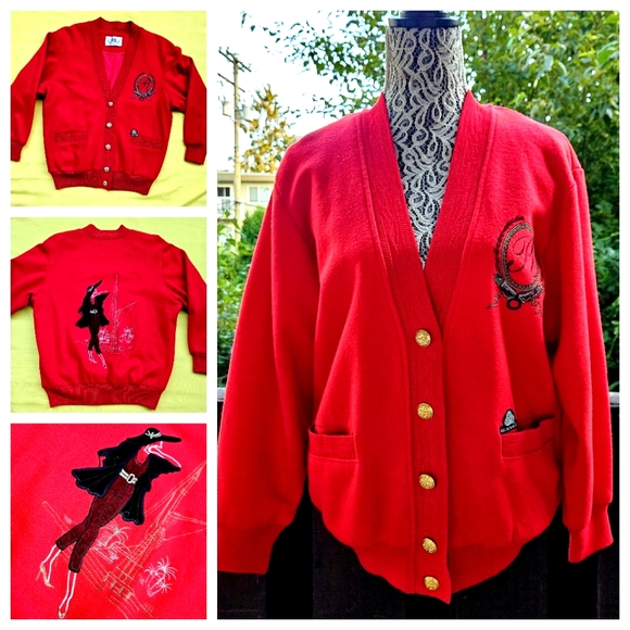 Wool Red Cardigan Women 95 Double Nine Five Lady 1980-90s - Picture 1 of 16